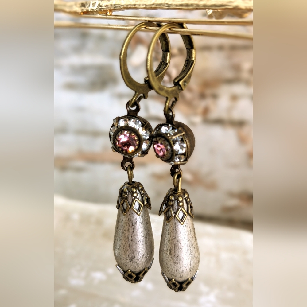 Victorian Rustic Antique Silver & Pink Flower Swarovski Crystal Brass Earrings